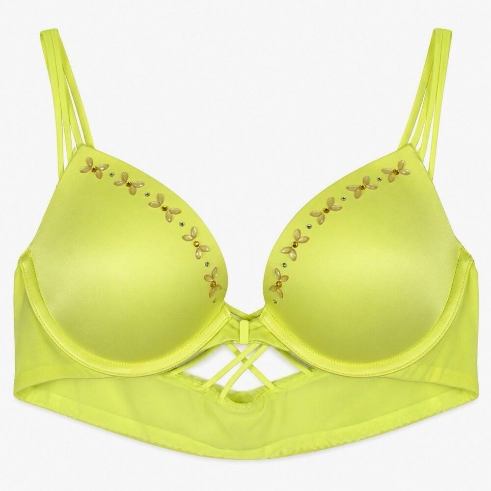 Victoria’s Secret Very Sexy Push-Up Pigeonnant Bra 36B Lime Yellow Rhinestone
